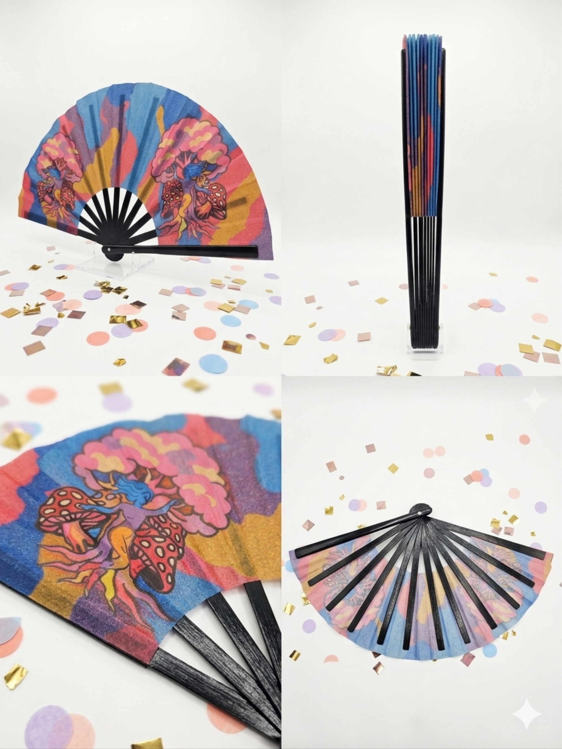 Colorful hand fans with butterfly design on a white background with confetti.