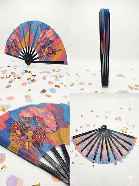 Colorful hand fans with butterfly design on a white background with confetti.